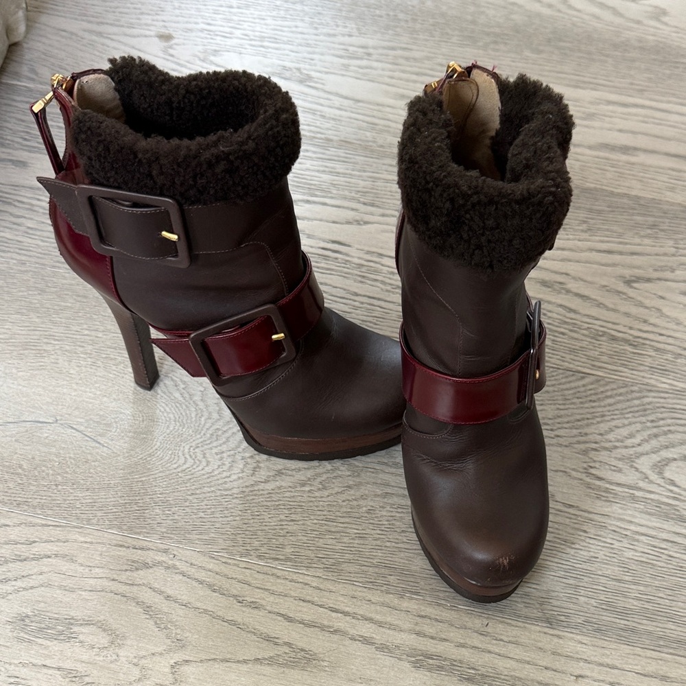 Fendi Brown Leather Ankle Boots with Red Accents